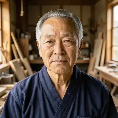 工房主がアンティーク修復工具を手にしている写真